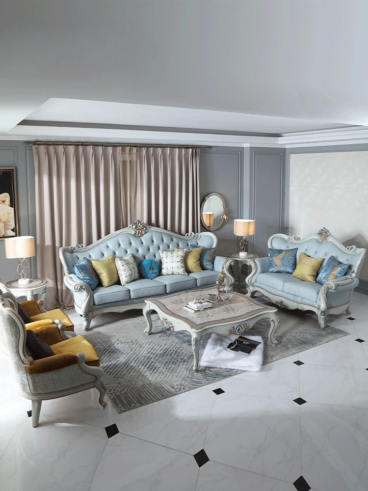 

European style top layer cowhide fabric sofa, living room, small unit, painted gold sofa combination