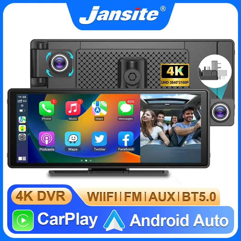 Cámara para salpicadero de 10.26 pulgadas con cámara de visión trasera, Carplay y Android Auto, DVR 4K, lente giratoria de 180°, grabadora de video, doble lente, FM, AUX