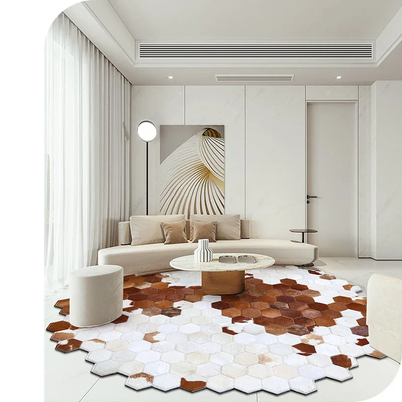 

Handmade Real Cowhide Leather Carpet Nordic Ins Genuine Round Rug Genuine Cows Skin Area Rug for Bedroom Bedside Sofa Floor Mats