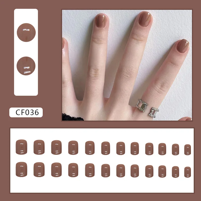 Com Ferramentas, Unhas Artificiais, Imprensa em Manicure, Monocromático, Marrom, Decorado, Reutilizável, Simples, Curto, Meninas, Outono, 24pcs