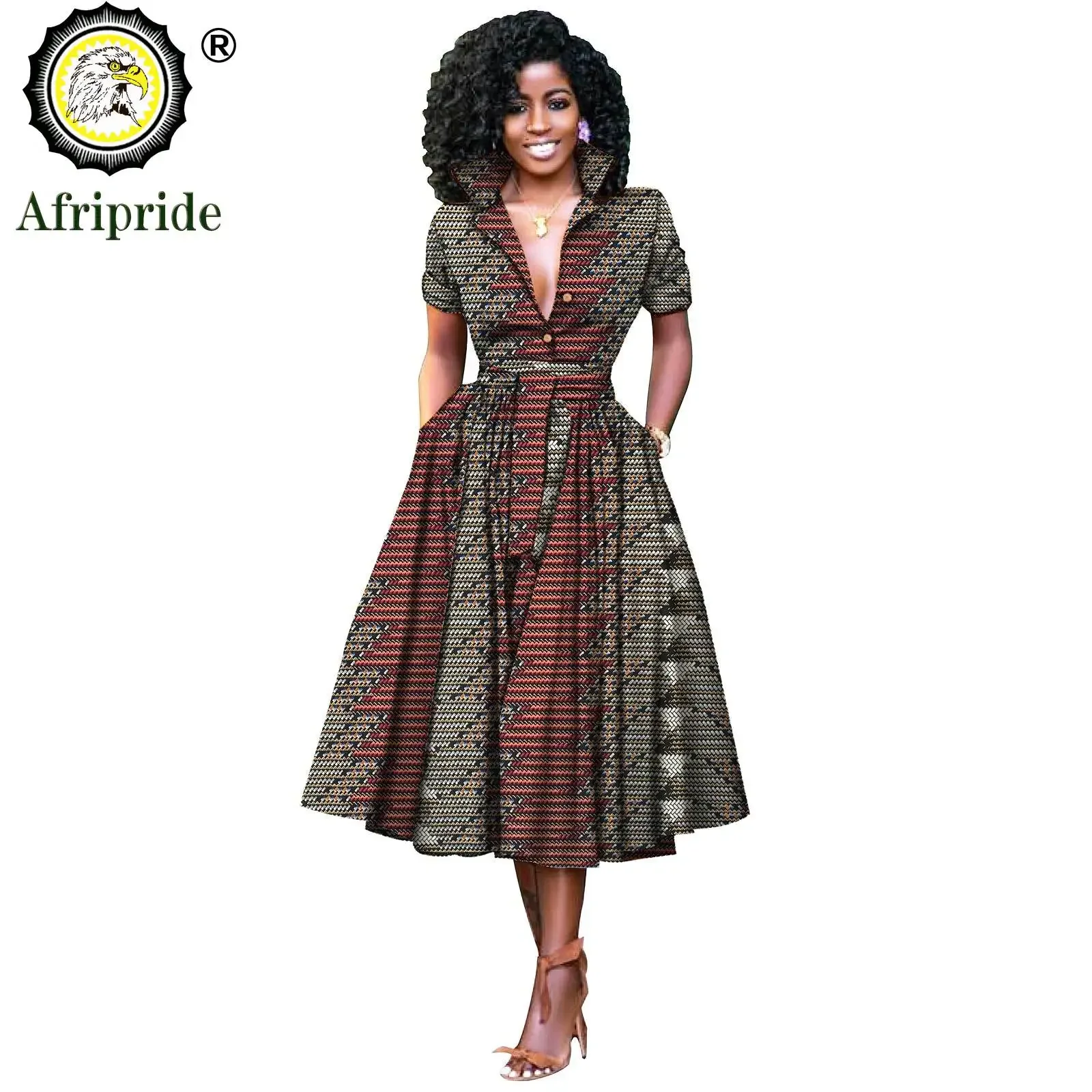 African Dresses for Women Short Sleeve V-neck High Waist Ankara Fabric Print Formal Dress Pure Cotton Bazin Riche Dress S2025072