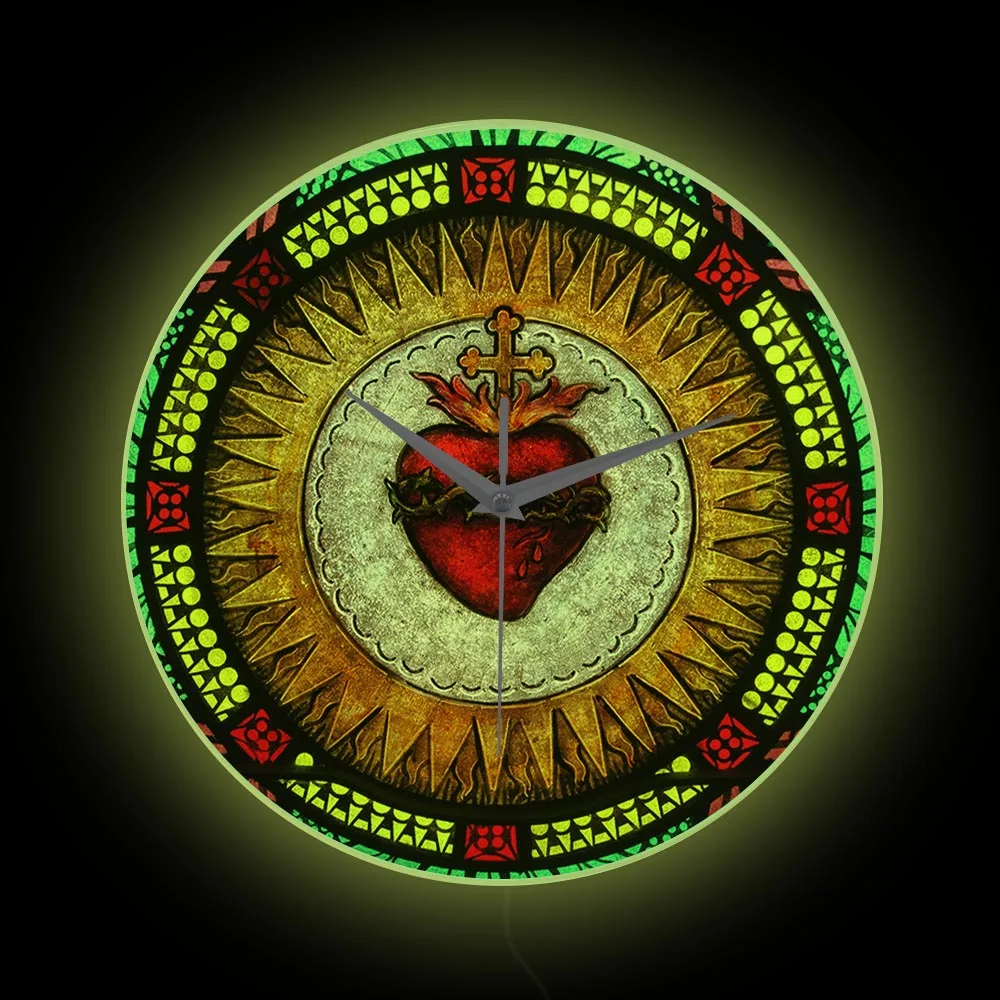 Sacred Heart LED Neon Sign Wall Clock For Church Prayer Cross Crown Of Thorns Roses Jesus Christ Home Decor Artwork Print Clock