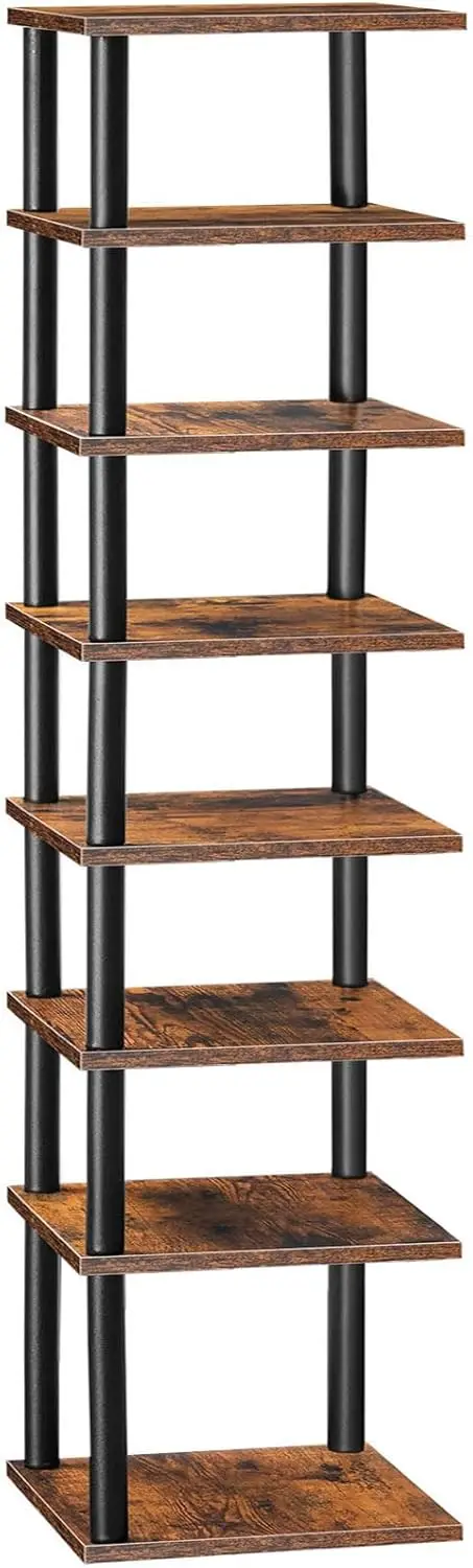 8-Tier Vertical Narrow Shoe Rack Organizer for Small Spaces, Rustic Brown and Black, Closet Entryway Hallway Bedroom