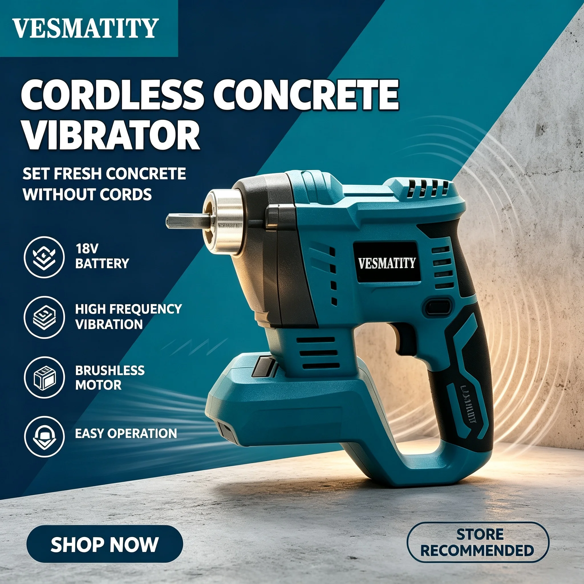 Compactor Tool VESMATITY Cordless Concrete Vibrator High Power Brushless Motor for Construction Heavy Duty for 20V Battery