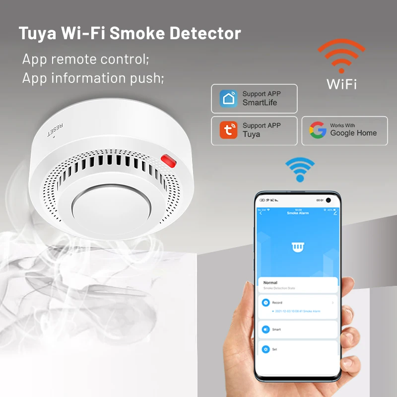 Tuya WiFi Smoke Detector Real-time Monitoring Remote Alarm Notification App Control Works With Alexa Google Home