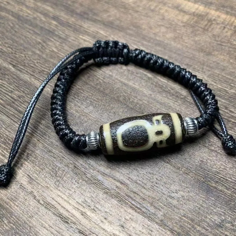 Bracelet, Vintage Old Agate, Tibetan Weathered Patina, High Oil Content, Nine-Eyed Dzi Bead, Handmade Woven Brace