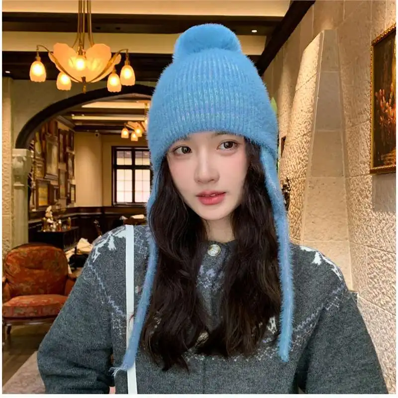 الكورية مختلط اللون لطيف أفخم الأشرطة حماة الأذن محبوك منفذها قبعة المرأة بسيطة الحلو لينة لطيف شتاء دافئ قبعة قبعة #4