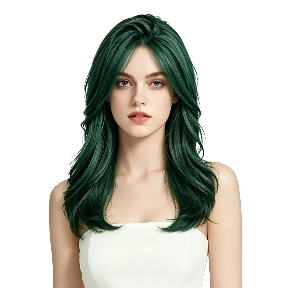 

Natural Green Wavy Wig 50cm Medium Length Curly Wig Heat Resistant Synthetic Wig with Middle Part For Women Daily Party Cosplay
