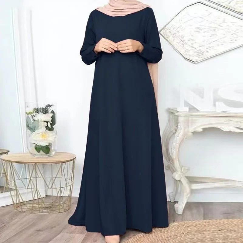 2023 new Muslim solid color loose fitting pullover casual elegant long sleeved dress factory batch