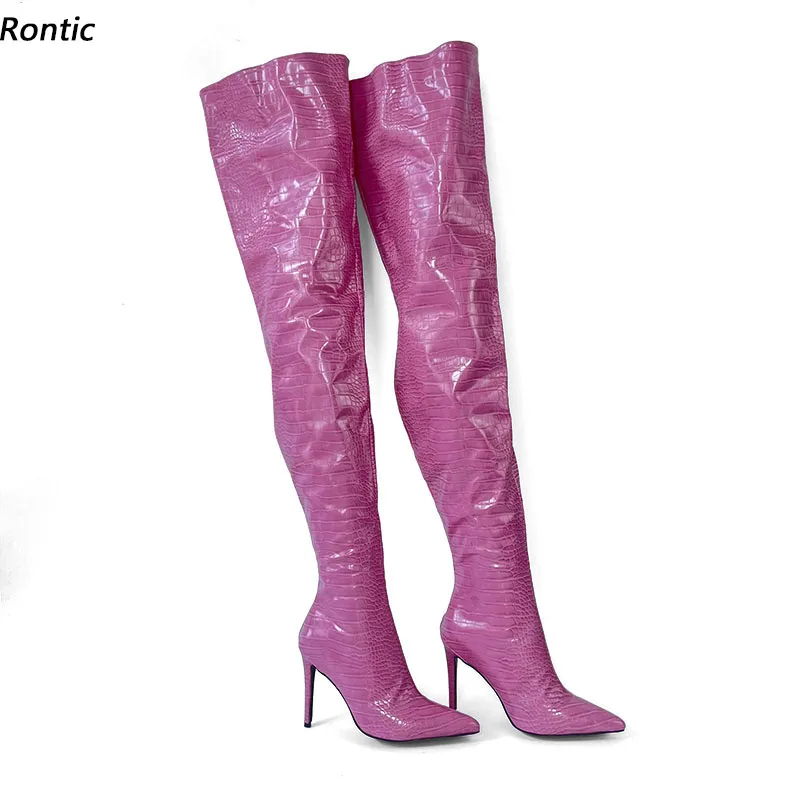 Rontic Women Winter Thigh Boots Back Zipper Thin High Heels Pointed Toe Beautiful Pink Club Wear Shoes Ladies US Size 5-15