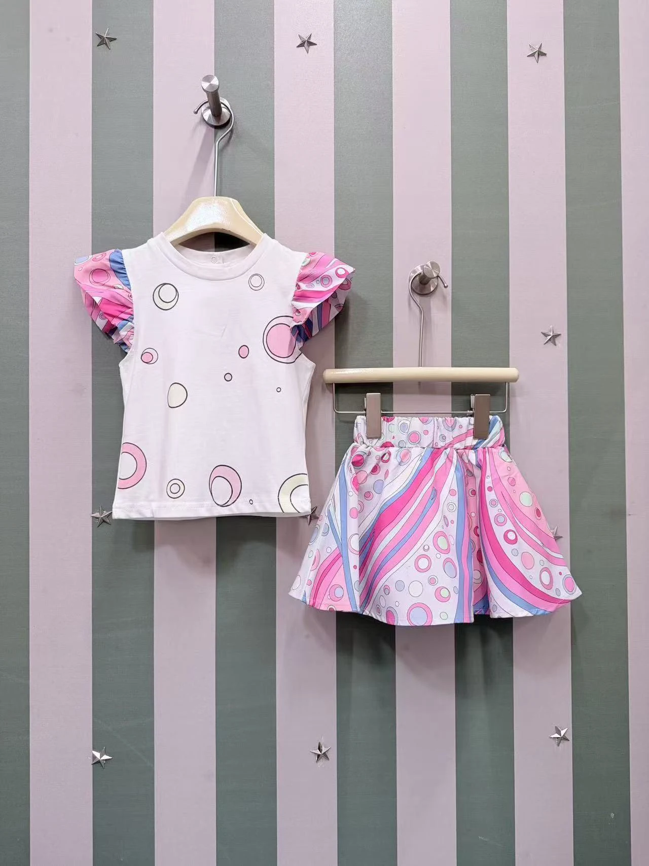 Toddler Girls 2Pcs Summer Outfit Ruffle Sleeve White T-shirt with Circle Print  Wave Print Skirt Kids Casual Clothing Set