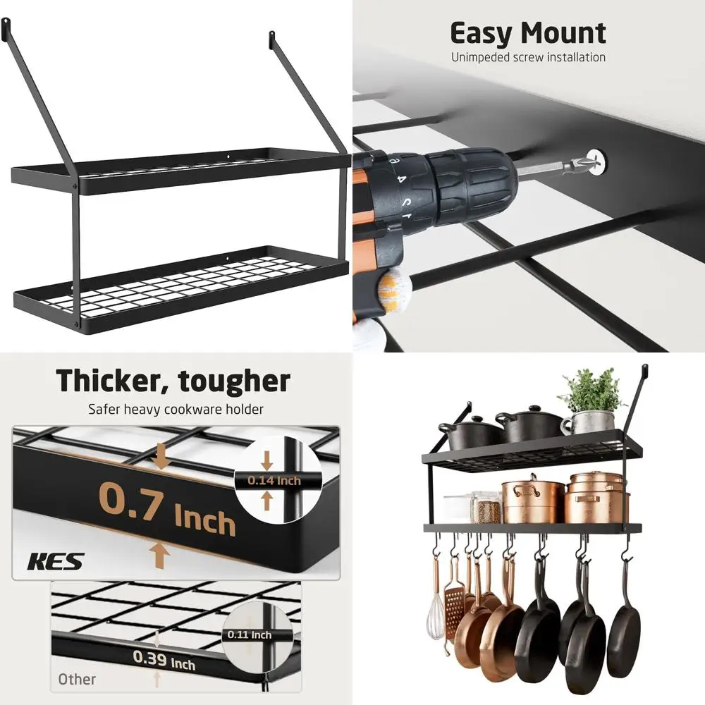 

30-Inch Wall-Mounted Pot Rack with 2 Tiers and 12 Hooks, Heavy-Duty Matte Black Kitchen Organizer