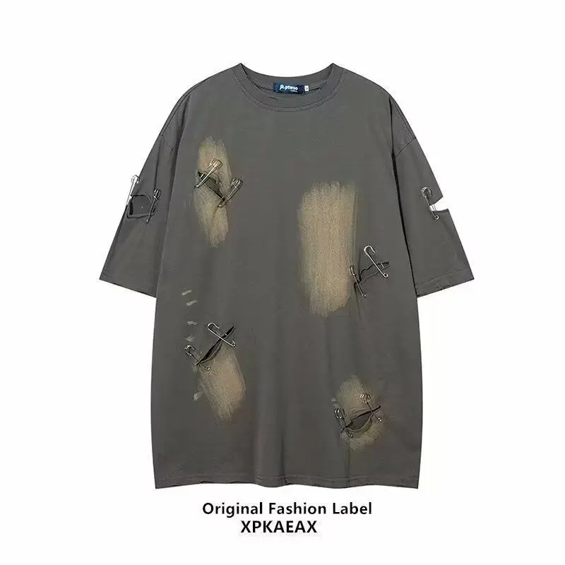 

Foufurieux New Fashion Pin Hole Short Sleeve Oversized T-shirt Men Clothing Solid Color Half Sleeved Loose Casual Tees Men Tops