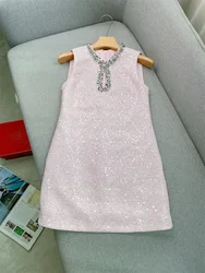 Quality Autumn Winter Diamonds Sequins Short Tweed Dress Women Vintage Mini Prom Evening Dresses Party Pink
