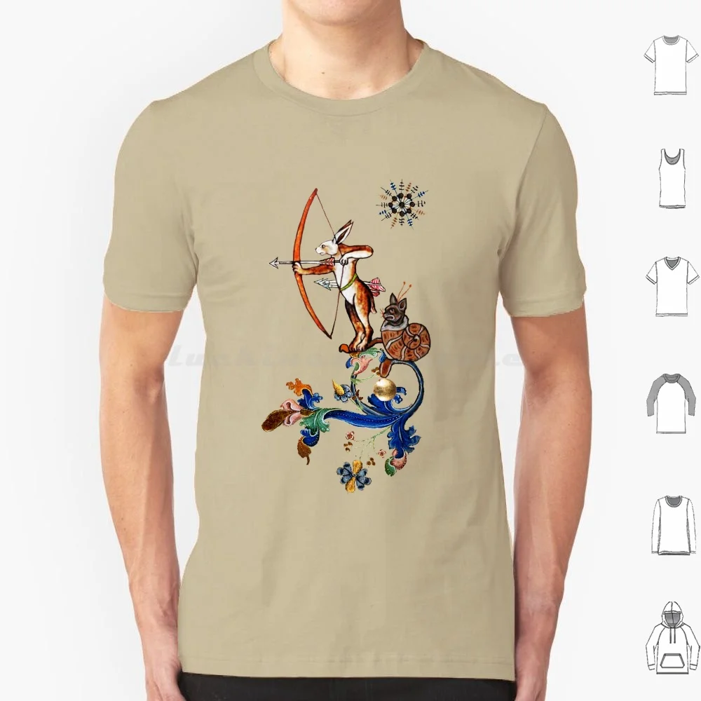 Weird Medieval Bestiary Rabbit And Snail Cat T Shirt 6xl Cotton Cool Tee Rabbit Bow Arrows Forest Animals Funny Fun Medieval