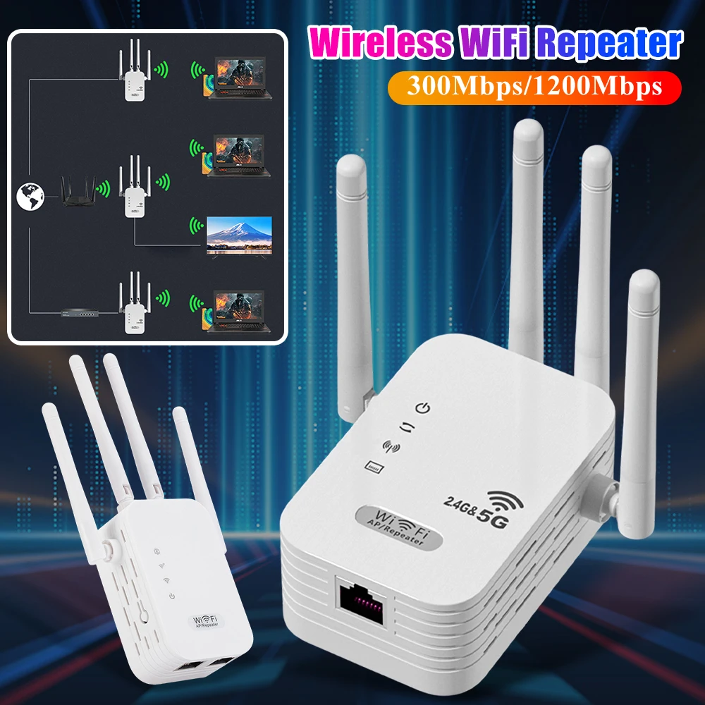 

300M/1200Mbps WiFi Extender with WAN/LAN Port Dual-Band Wifi 2.4GHz/5GHz Wi-Fi Signal Booster 4 Antennas WiFi Signal Amplifier