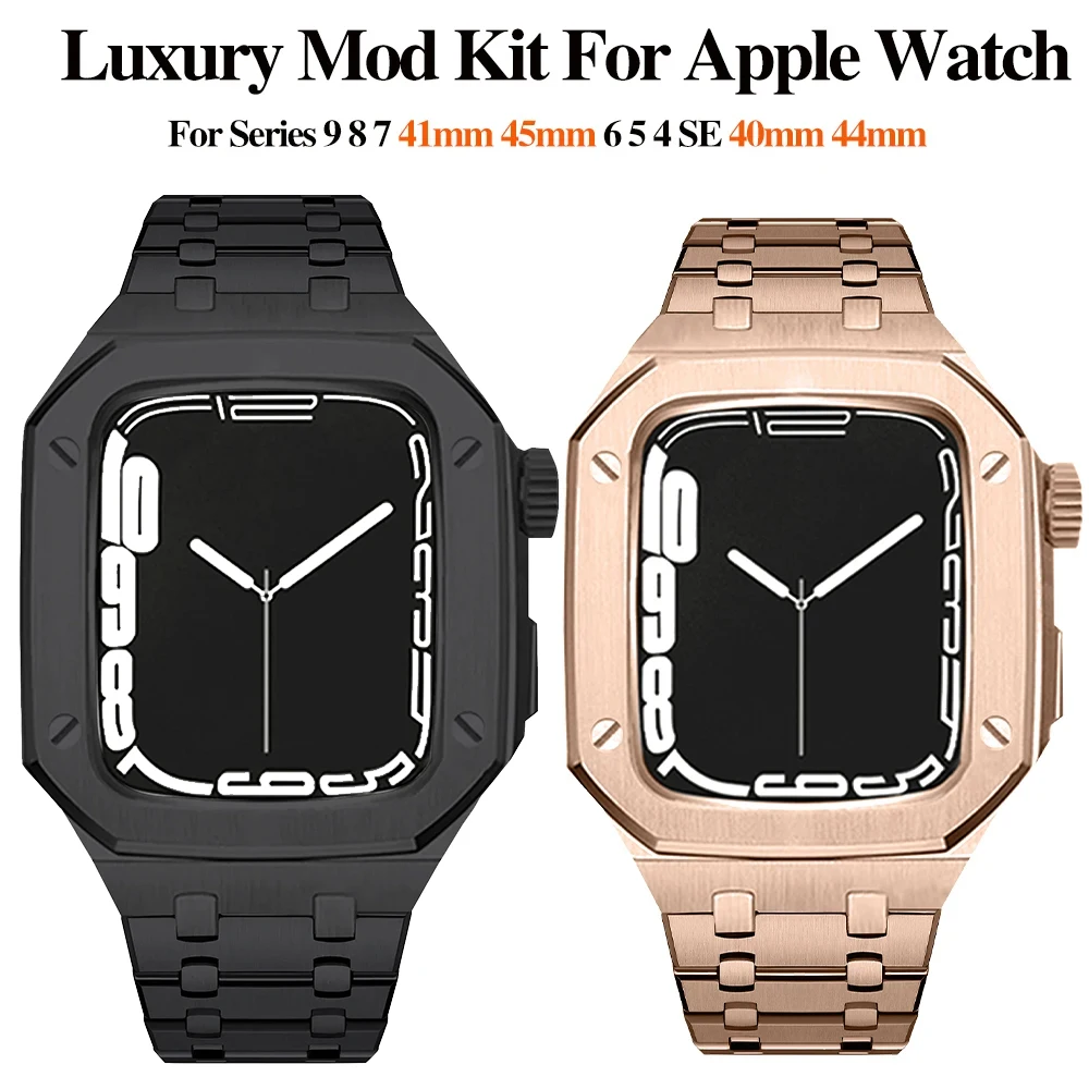 Luxury Stainless Steel Modification Mod Kit for Apple Watch 9 8 7 45mm 41mm Metal Case for iWatch 6 5 4 3 SE 44mm 40mm Band Set