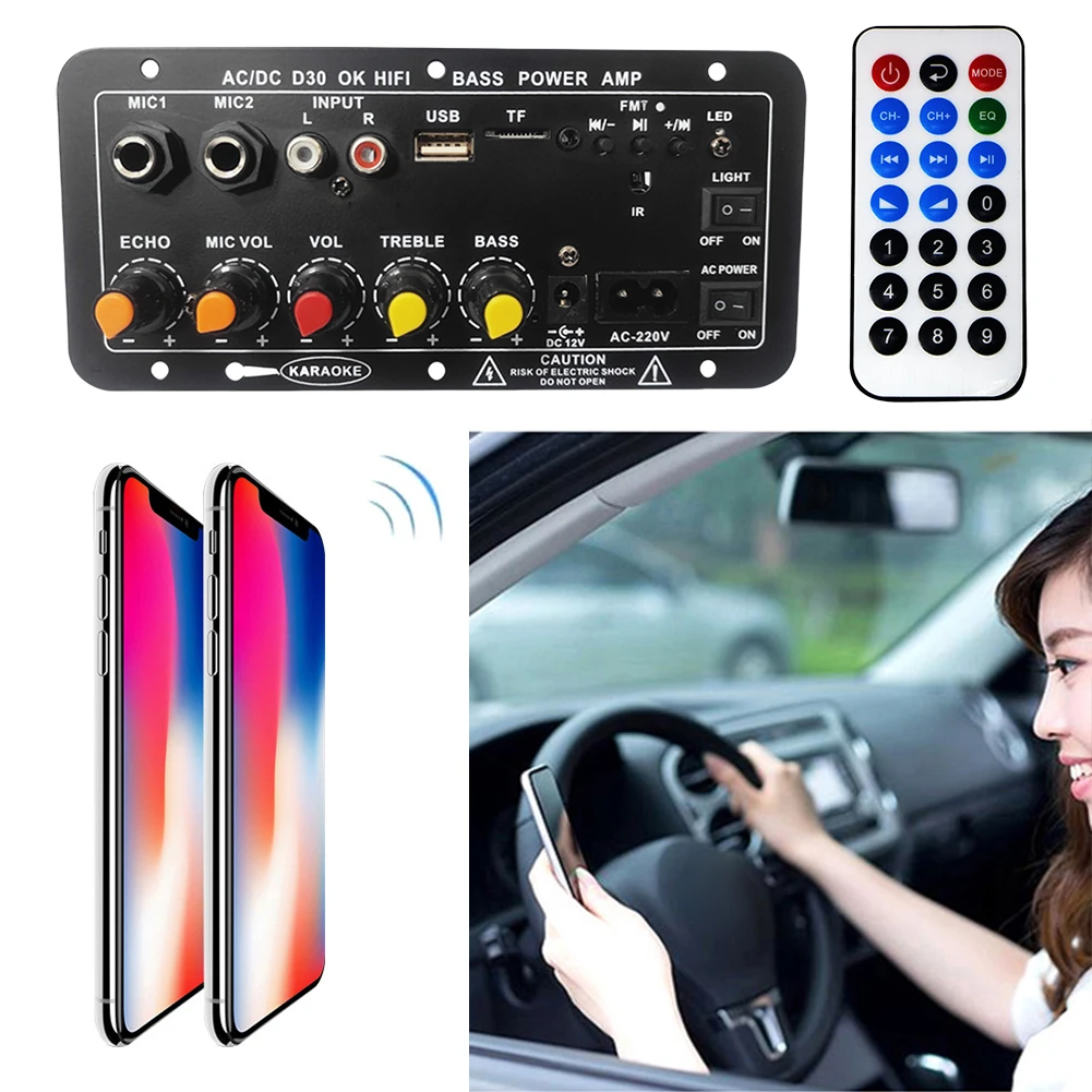 Módulo de rádio sem fio, microfone duplo, compatível com Bluetooth, amplificador de som estéreo, poderoso amplificador de áudio, 12V, 220V