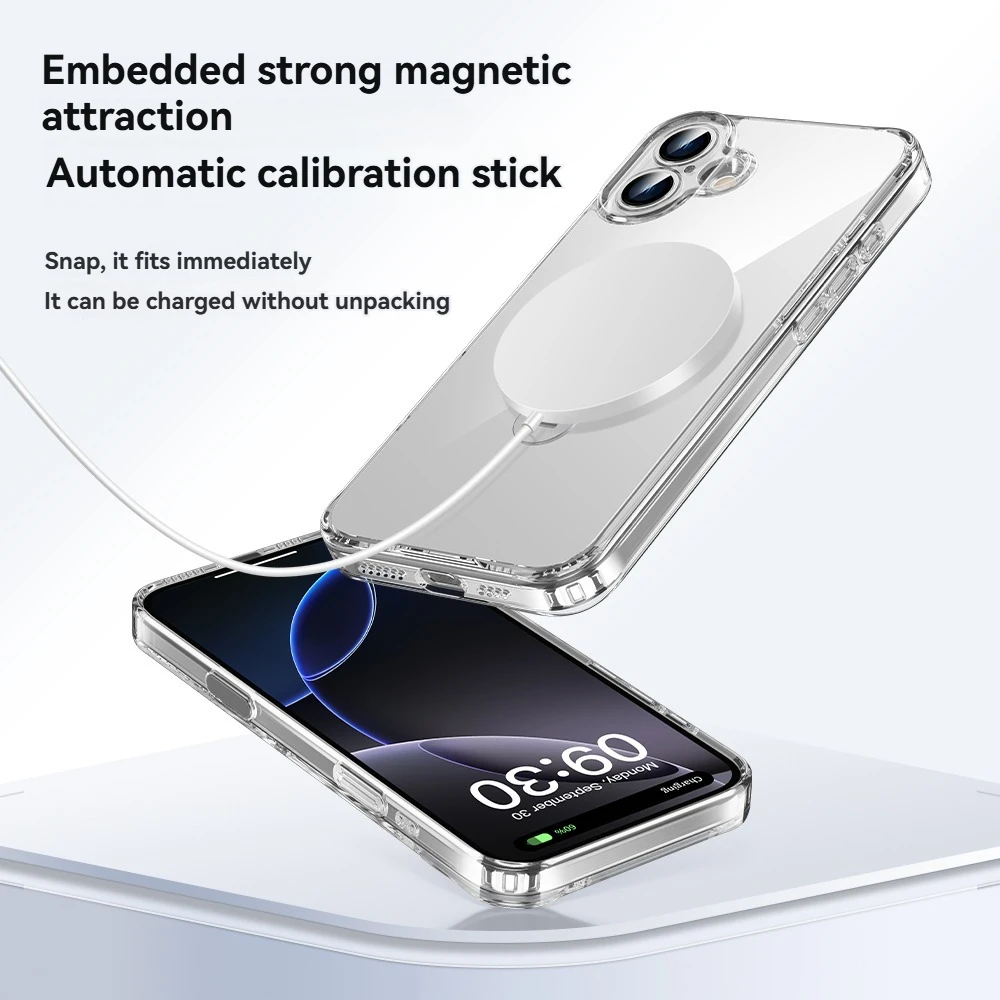 A prueba de golpes 360 °   Funda de teléfono magnética transparente con soporte giratorio, botón táctil para iphone 16 Plus Pro Max 15, protección de lente Promax