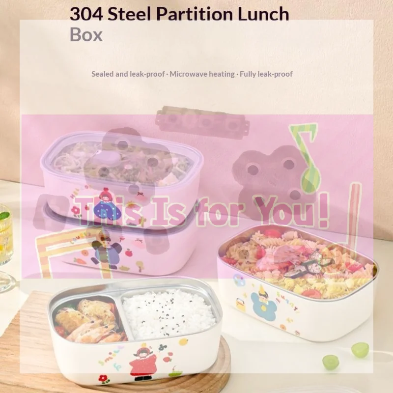【MA】1Pcs Cartoon Pattern Heat Preservation Lunch Box Microwaveable Stainless Steel Partitioned Lunch Box For Student Office Use