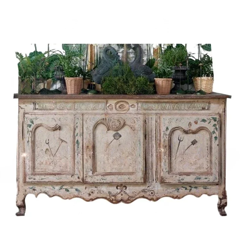 French retro solid wood carving flower entrance cabinet living room painted decorative cabinet locker home display cabinet