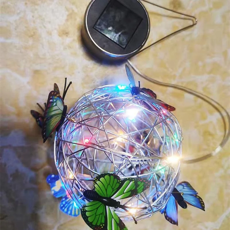 Garden Hanging Round Ball Light With Butterfly With Weaving Lamp Solar Decorative Nightlight Outdoor Decorative Metal