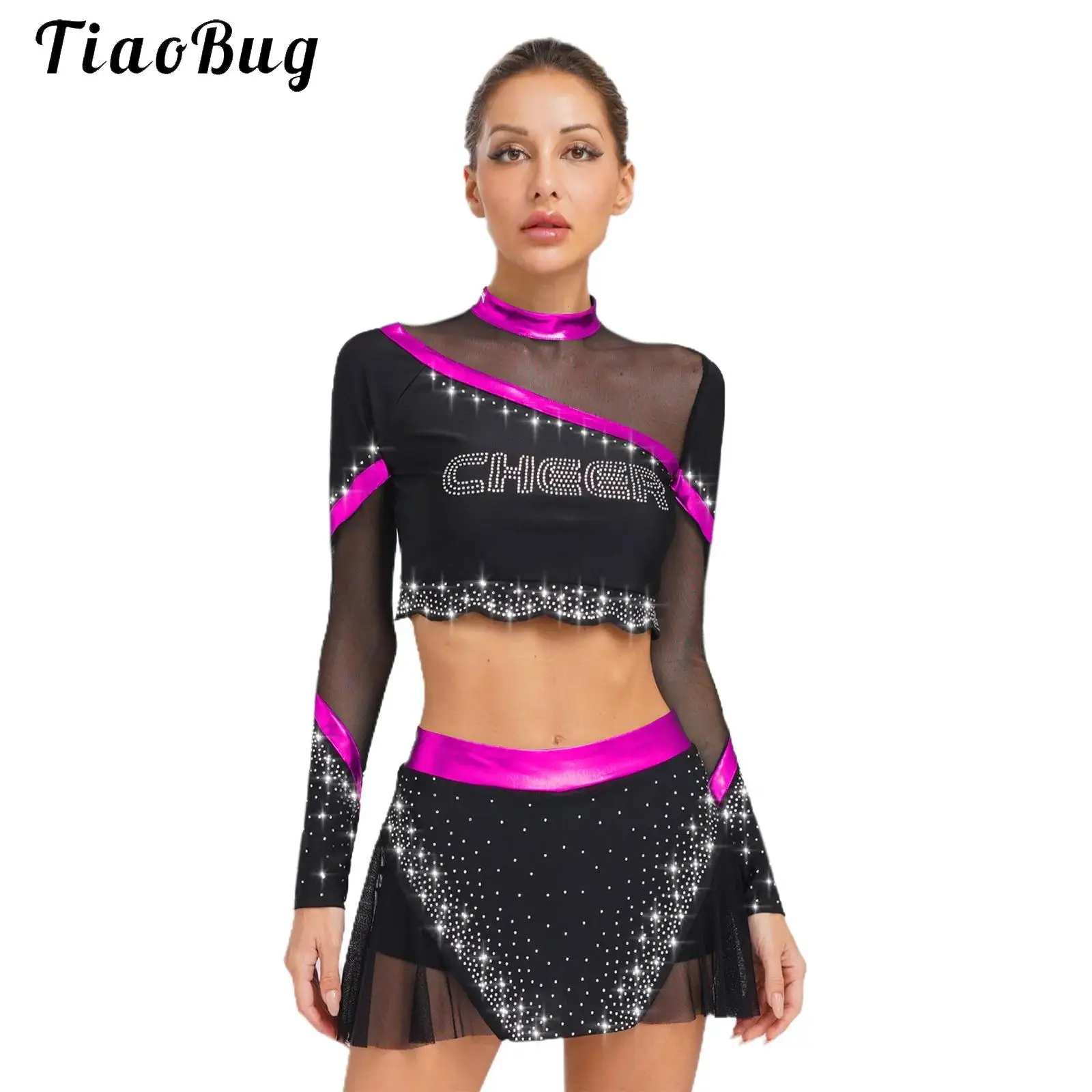

Sexy Rhinestone Cheerleading Uniform Outfits Women Dance Performance Cheerleader Costume Long Sleeve Crop Tops+Mini Skirt Set