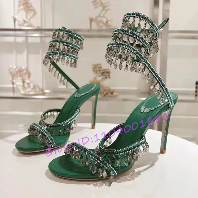 Rhinestone Snake Shape Ankle Strappy Sandals Summer Sexy Open Toe High Heels Crystal Pendant Stiletto Party Wedding Women Shoes