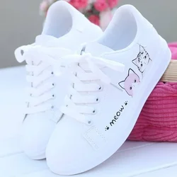 2024 Nieuw Binnen Mode Veterschoenen Vrouwen Sneakers Vrouwen Vrijetijdsschoenen Bedrukt Zomer Pu Schoenen Schattige Kattenschoenen