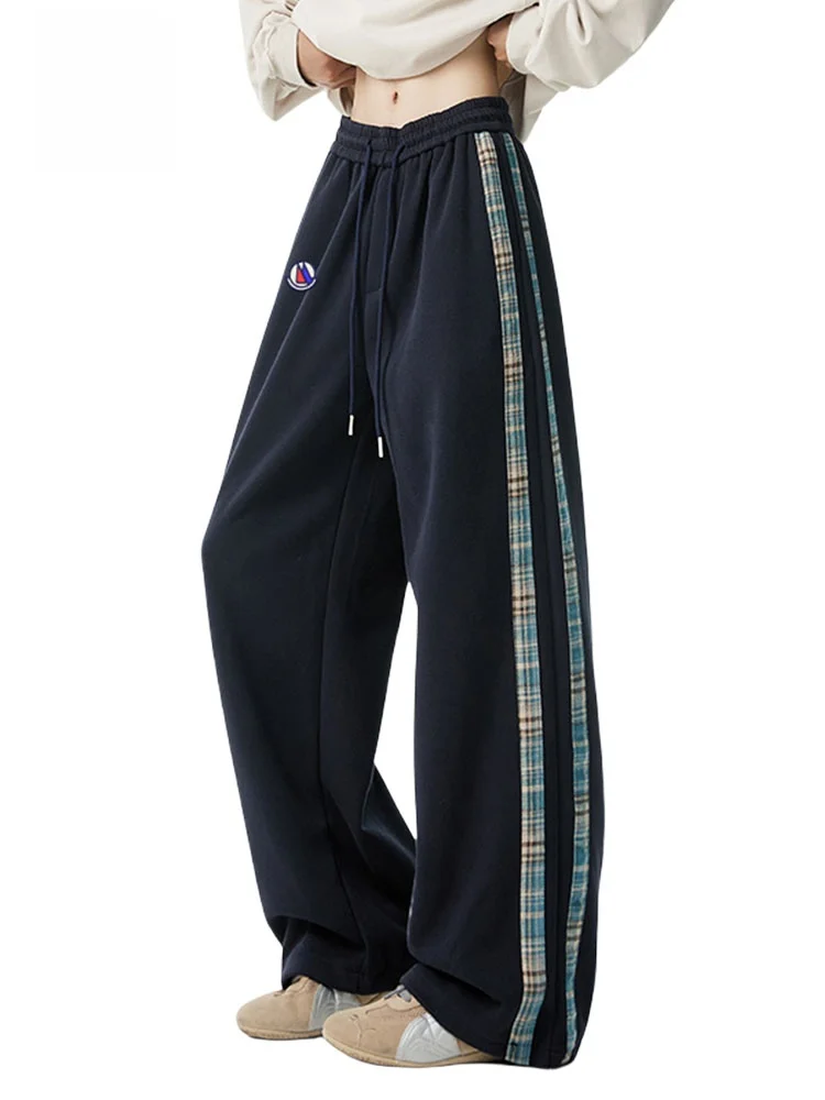 

Mengkou Beige Casual Pants American Retro Plaid Splicing Men's Women's Summer Loose Straight Leg Sport Sweatpants