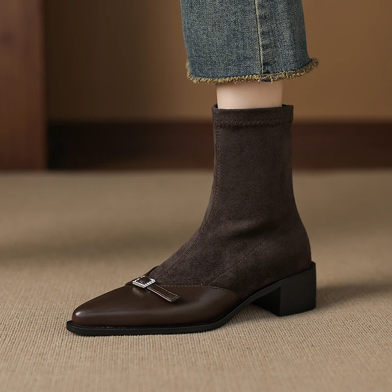 Winter 2026 Thick-heeled, Form-fitting Women's Pointed Mid-heel Shoes, Women's Suede Patchwork Ankle Boots, Sizes 33-43