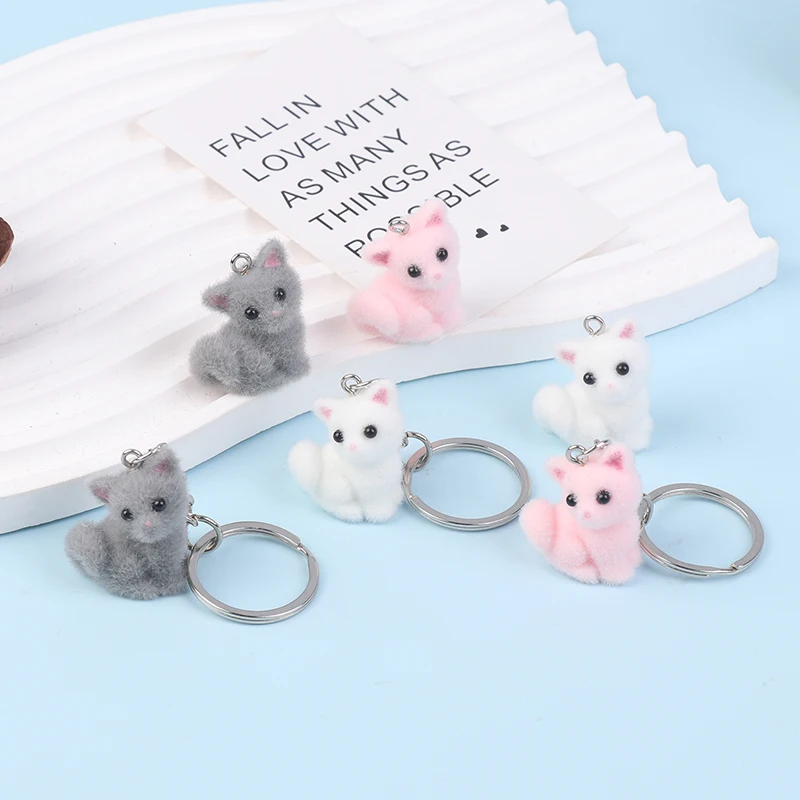 Cute 3D Flocking Small Cat Keychain Resin Cat Couple Mobile Phone Pendant Car Keyring Earphone Backpack Charms Bag Decor