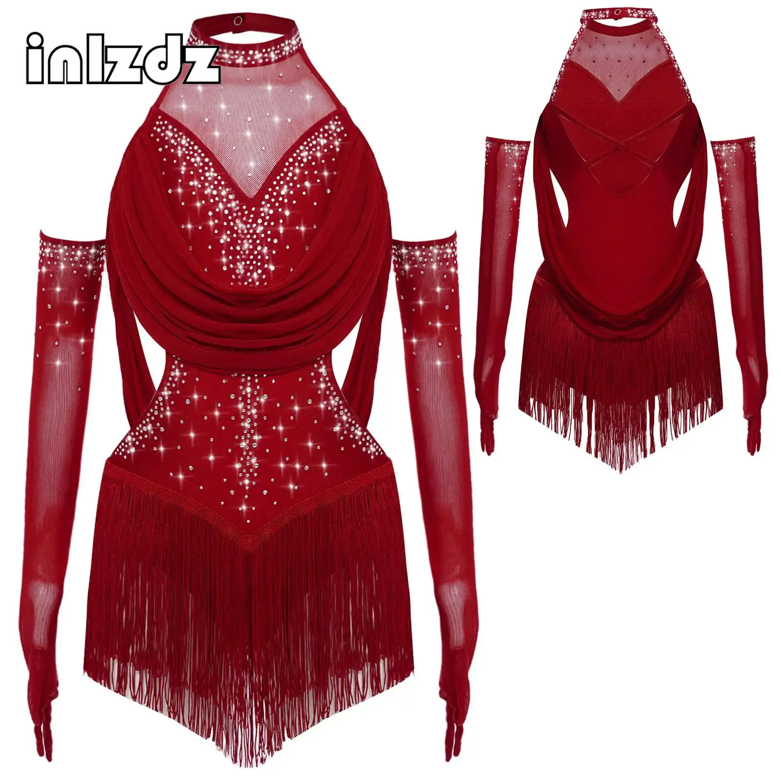 

Kids Girls Latin Dance Leotard Set Sparkly Rhinestones Tassels Ruched Mesh With Mesh Gloves Cha-Cha Tango Performance Dancewear