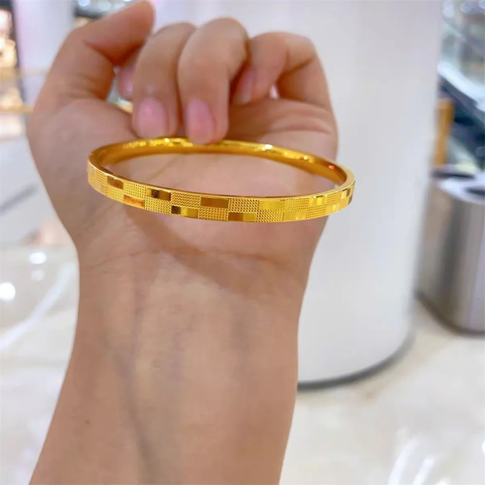 OUYADI 14K Gold Plated Stainless Steel Grid Pattern Embossed Closed Bangle, Women Shiny Textured Fine Jewelry Gift