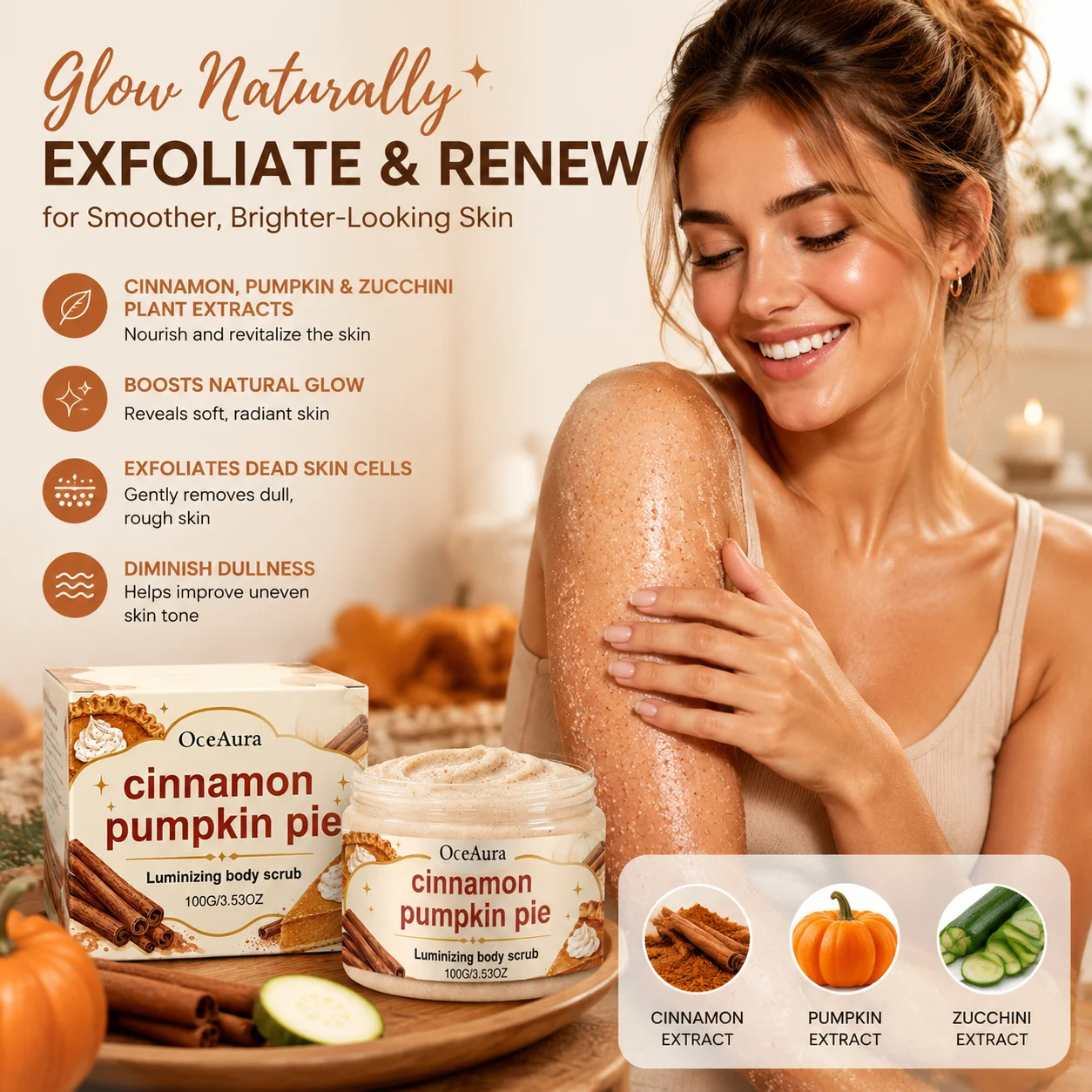OceAura Body Scrub Cinnamon Pumpkin Pie Dead Skin Remover Improve Texture Soft Smooth Body Scrubs for Glowing Skin Brightening