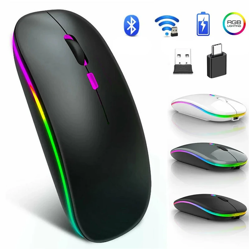Mysz bezprzewodowa Kompatybilna z Bluetooth Mysz z akumulatorem RGB Bezprzewodowa mysz komputerowa Ciche myszy Ergonomiczna mysz do gier z podświetleniem LED