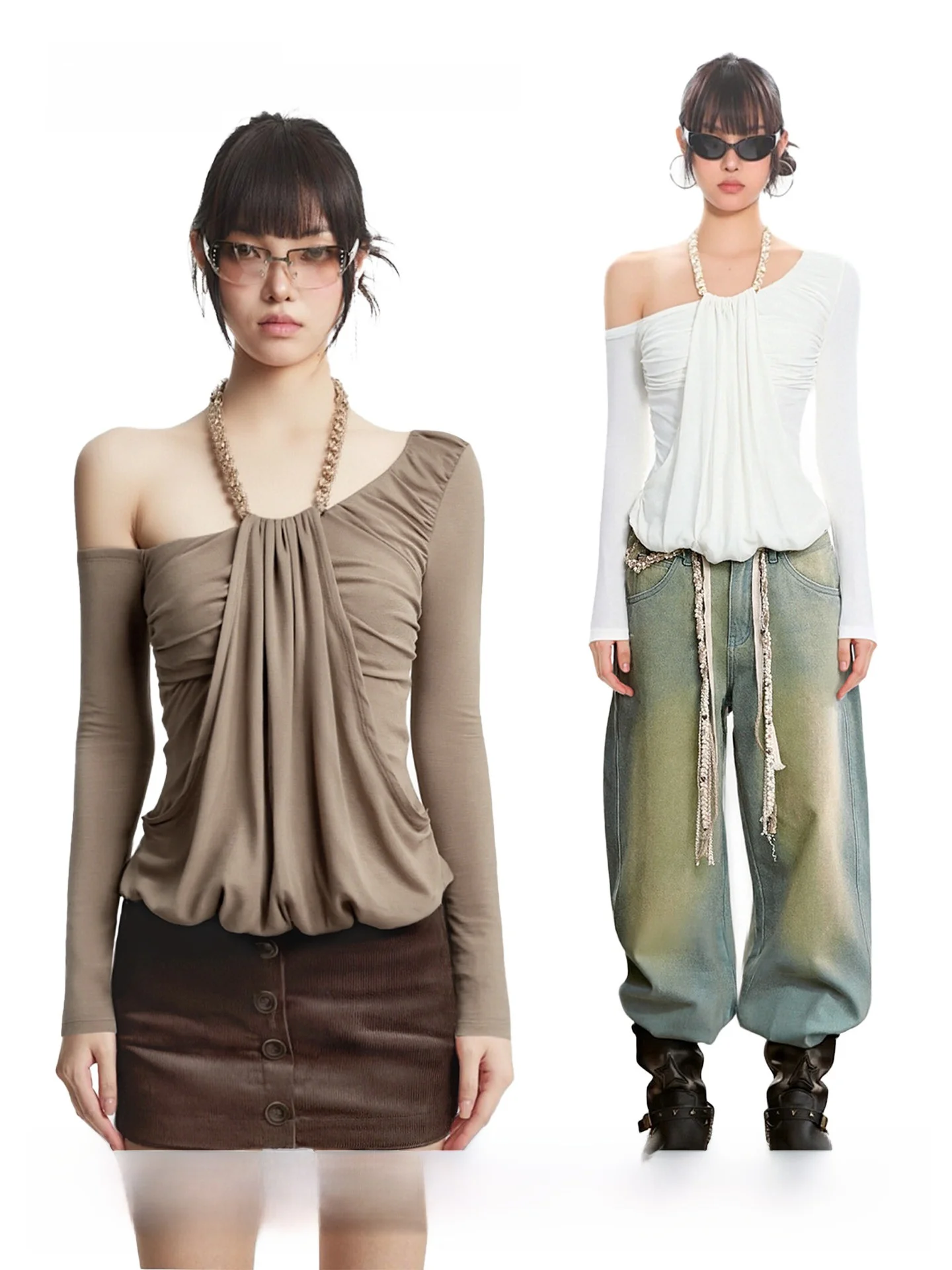 

UNCMHISEX Женская облегающая футболка с длинным рукавом и открытыми плечами, дизайн Spicy Girl, осенне-зимняя, универсальная базовая модель