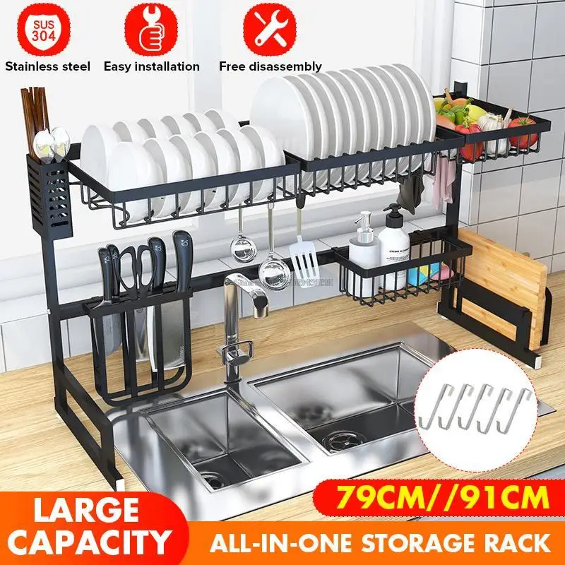 

79/91CM Stainless Steel Kitchen Shelf Organizer Dishes Drying Rack Over The Sink Dish Drying Rack Holder Countertop Utensils