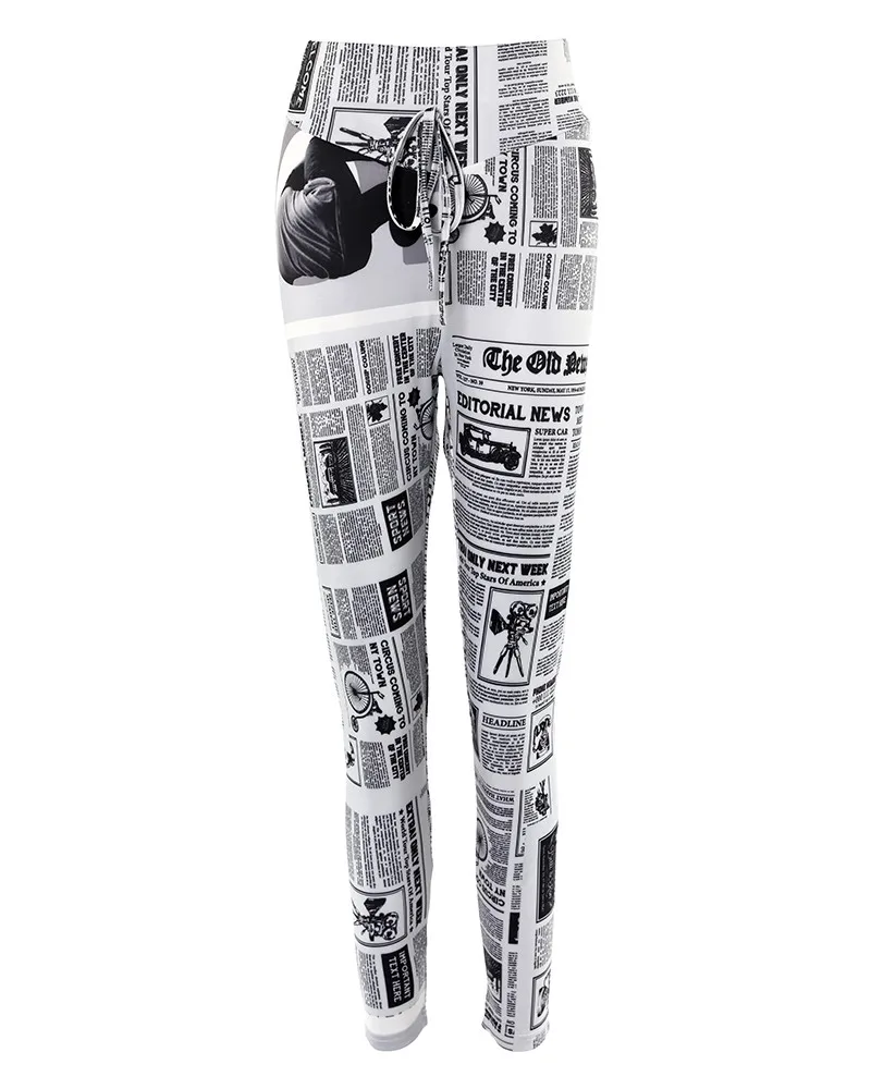 Pantalones con estampado de periódico para mujer, mallas de cintura alta con dibujos animados, ropa deportiva sexy e informal