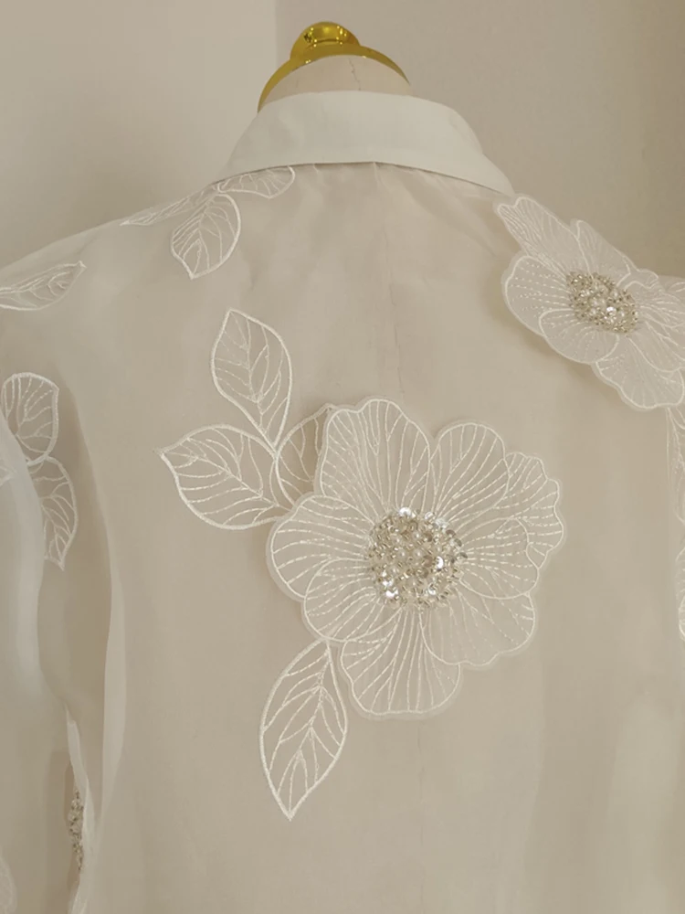 GALCAUR-camisas elegantes con estampado bordado para mujer, blusa lisa de manga larga con solapa, lentejuelas empalmadas de un solo pecho, Primavera