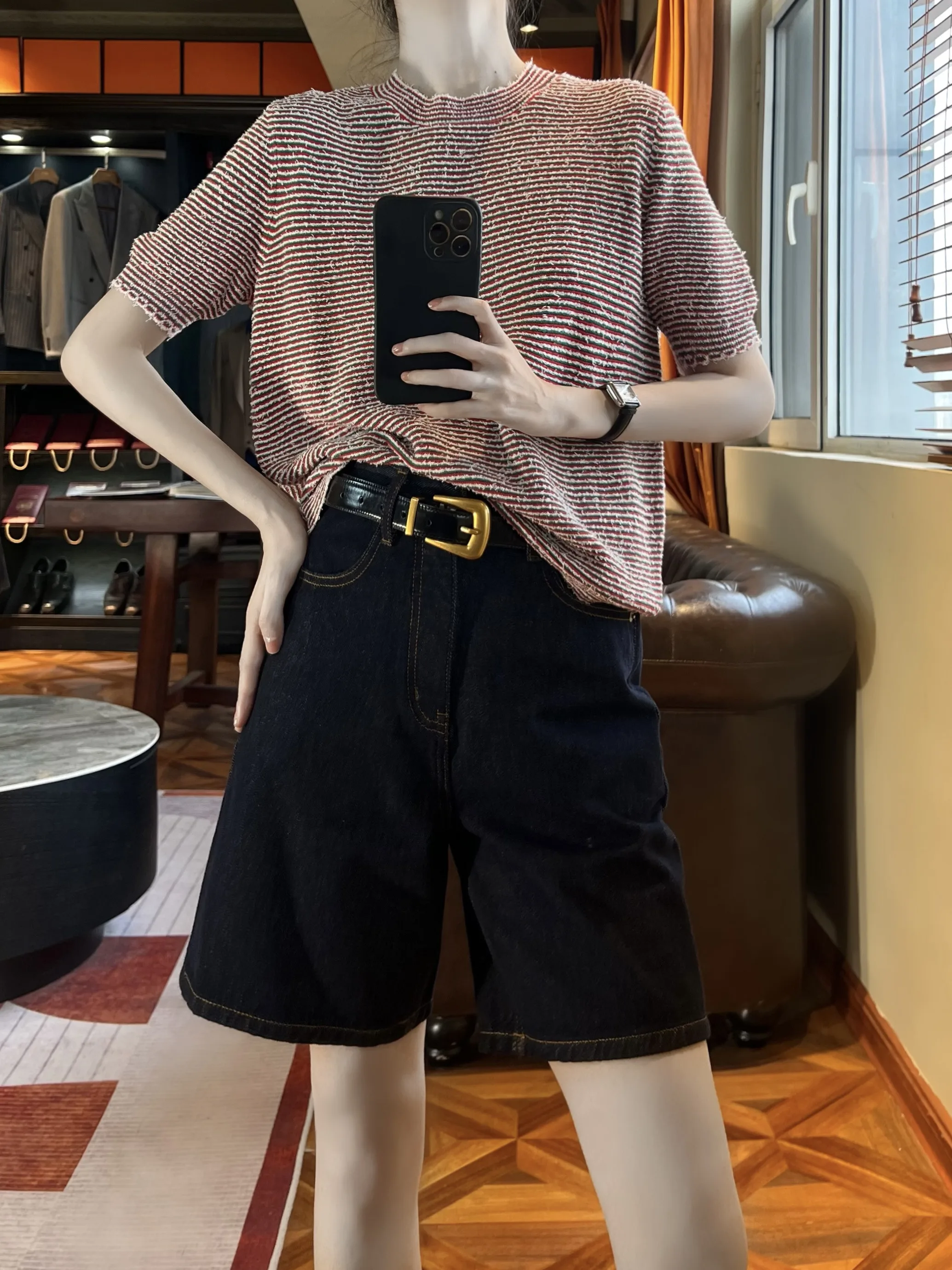 

Jiang Retro High Waist Jeans orts Casual Versatile Commute Cotton Stretch Denim Blue Color Spring Summer Women's Jeans