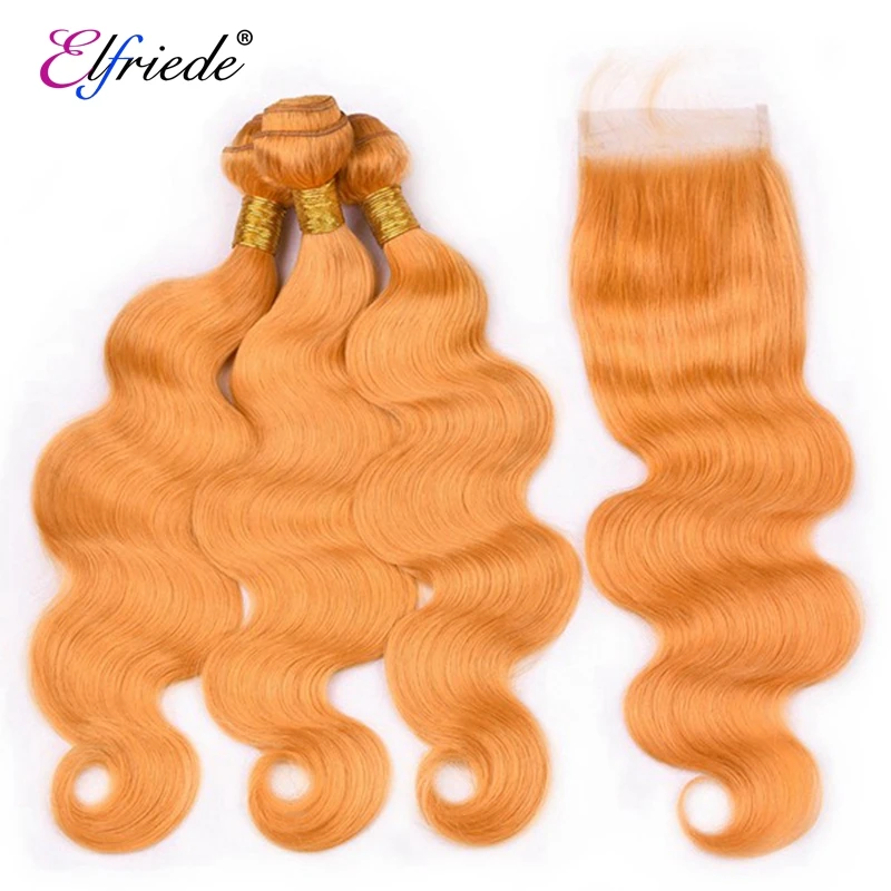 Elfriede #Orange Body Wave Hair Bundles with Closure Colored 100% Human Hair Wefts 3 Bundles with 4X4 Transparent Lace Closure