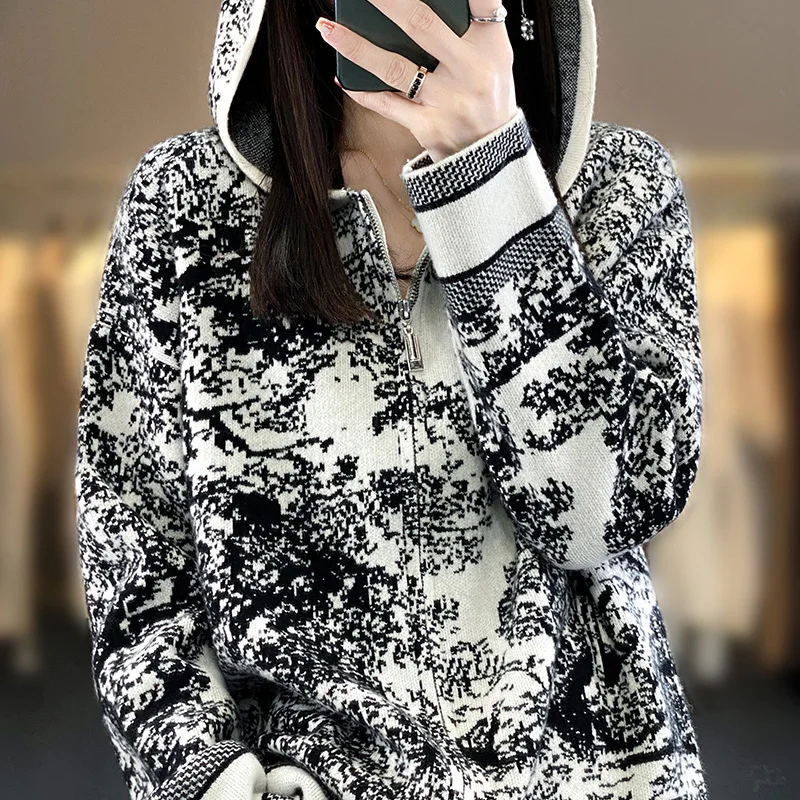 2023 Fall Winter New Wool Cardigan Women's Hooded Long Sleeve Printed 100% Pure Wool Loose Fashion Temperament Wool Cardigan Top