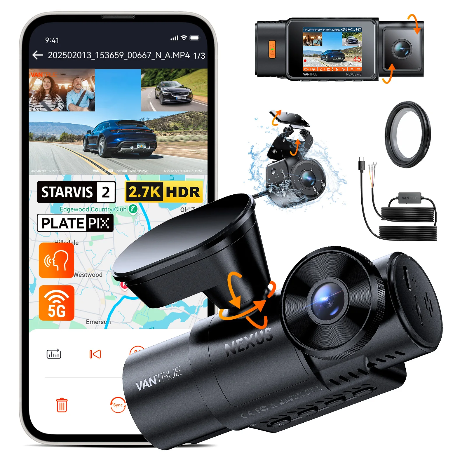 Vantrue N4S DashCam 3-kanaals WiFi STARVIS 2 2,7K + 1440P + 1440 Waterdichte achteruitrijcamera HDR IR Nachtzicht GPS 24 uur verpakkingsmodus