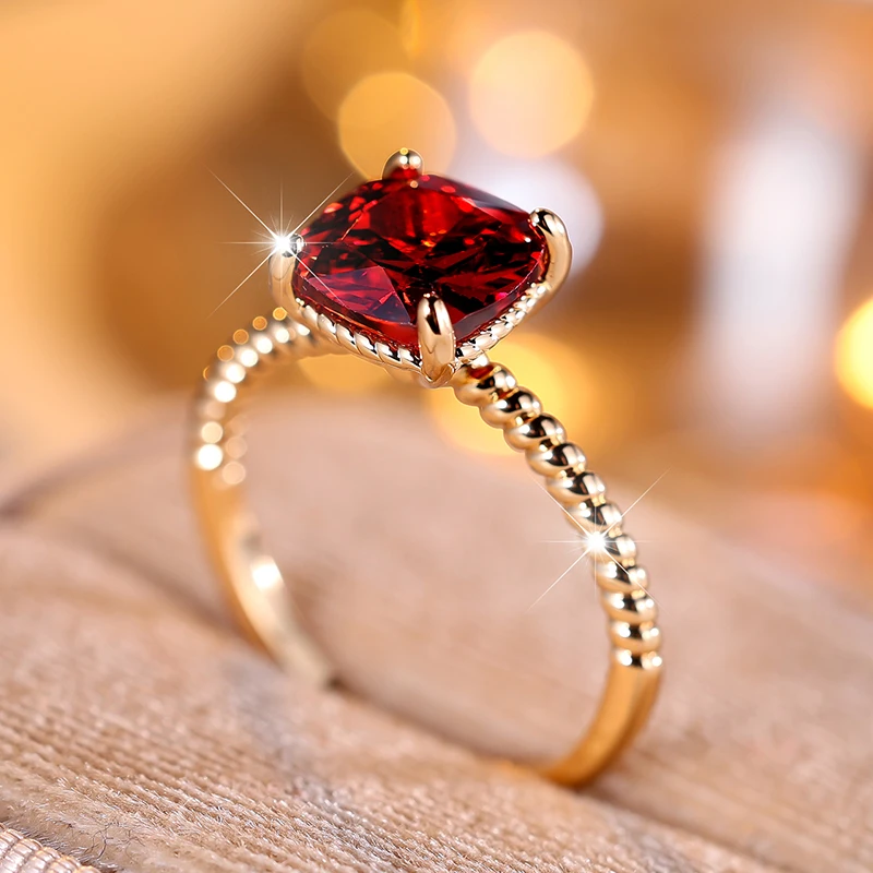 Charm 18K Gold Plated Red Stone Square Cut Princess Ring for Women Girls Creative Twist Stackable Finger Jewelry Size 5 to 10