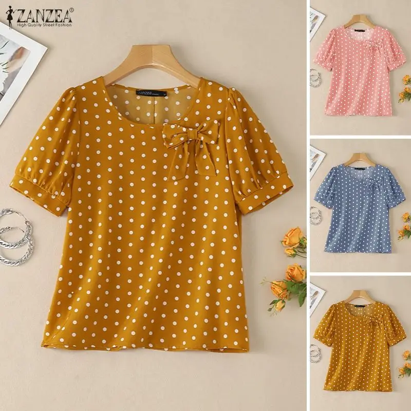 

ZANZEA Summer Polka Dots Printed Women Blouse Short Sleeve Square Neck Tops Elegant Bows Work Shirt Casual Holiday Tunic Femme