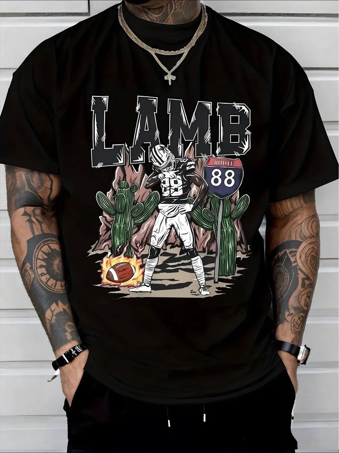 Graphic LAMB T-shirt for Men Distressed White Lettering with Cartoon Football Player Number 88 and Cacti in Desert Scene Unique Urban Style Perfect for Casual Wear