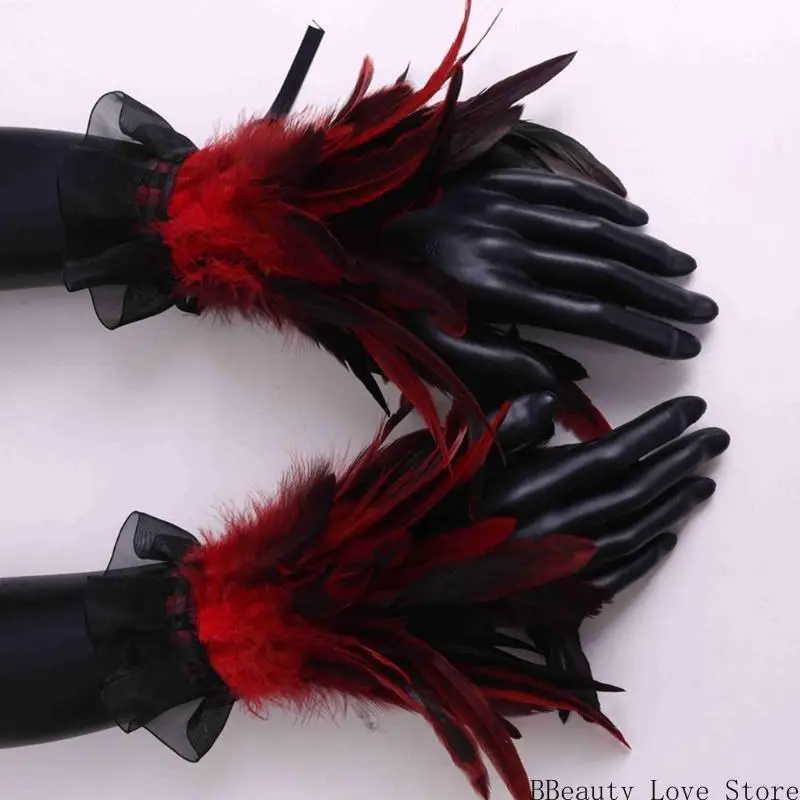 

Feathered Hand Cuffs Women Punk Arm Sleeves Halloween Party Wrist Decoration Arm Cuffs Armwear for Various Occasion