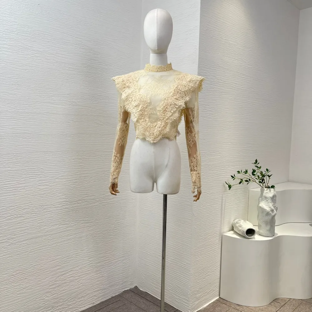 

2025 Beige Lace Patchwork Long Sleeve Blouse Dress