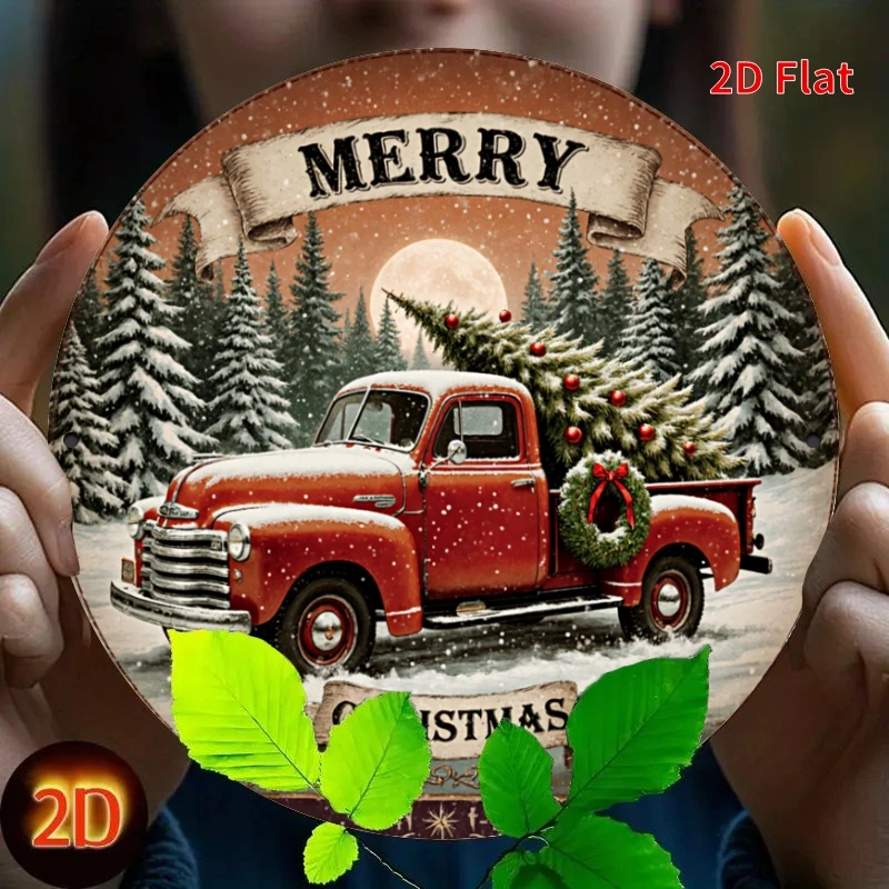 2D Flat - 【2D Flat】 2D Flat Print 1pc Metal Iron Sign. Vintage Red Truck Christmas Metal Sign with Merry Christmas Tree & Snowy
